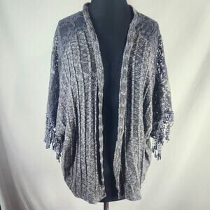 Daytrip L Gray Shrug Ribbed Knit Body Lace‎ Yoke & Sleeve Trim Boho Cottagecore